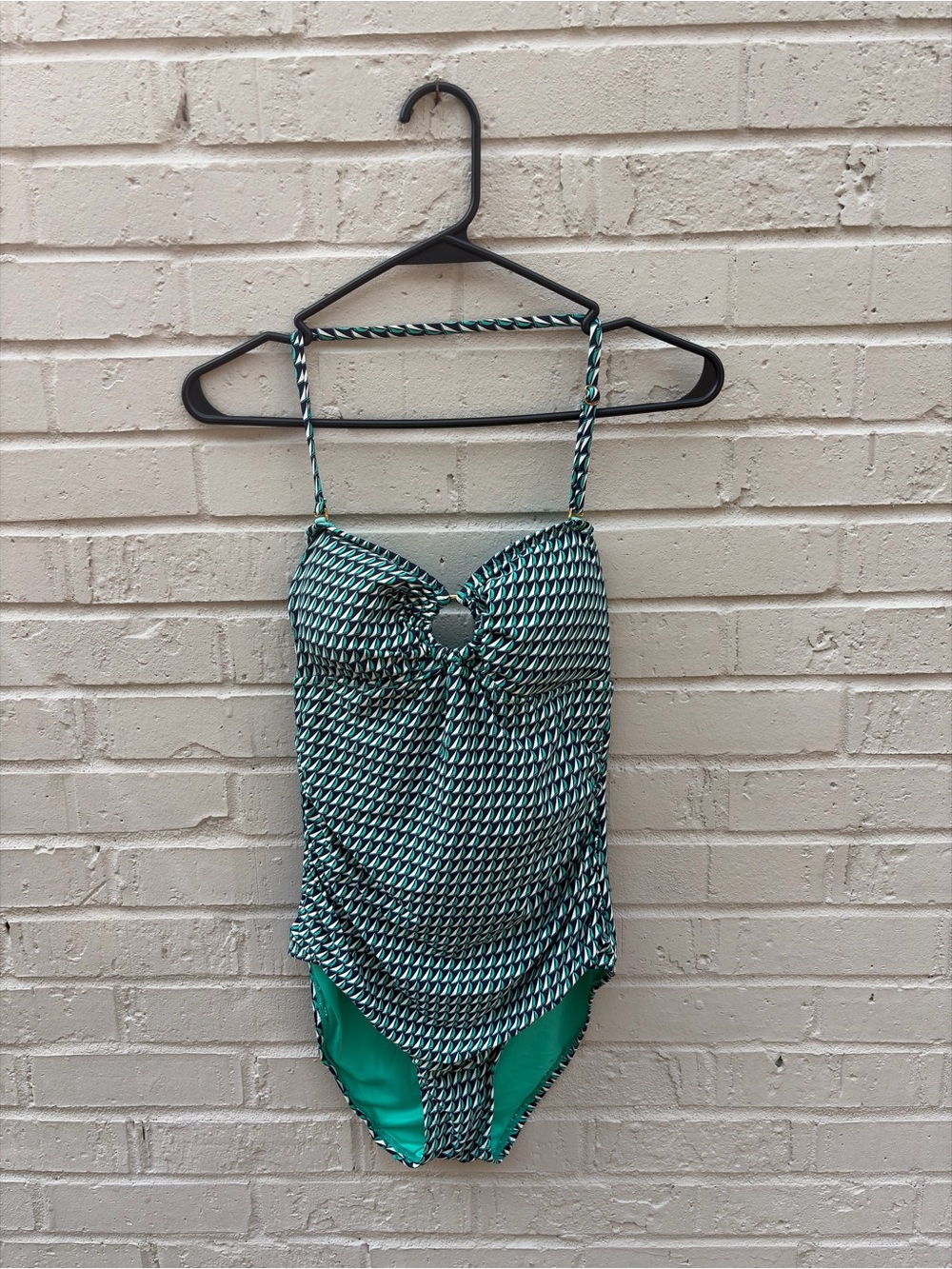 LOFT Teal and White Geo-Print One-Piece Swimsuit with Ring Accent
